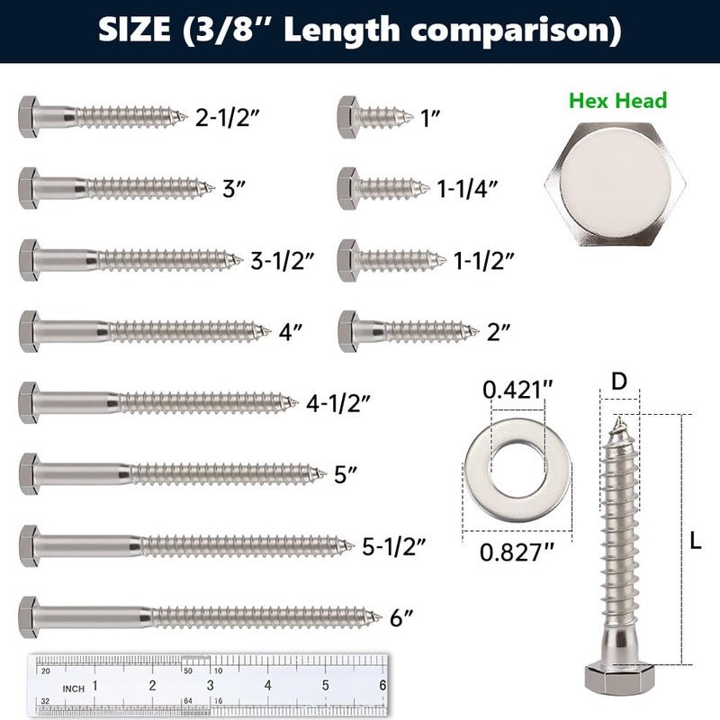 RoyceMart 10-Sets 3/8 x 2-1/2" Hex Head Lag Screws & Flat Washers, Heavy Duty Lag Wood Screws, 304 Stainless Steel (18-8), 3/8" Bolt - Image 4